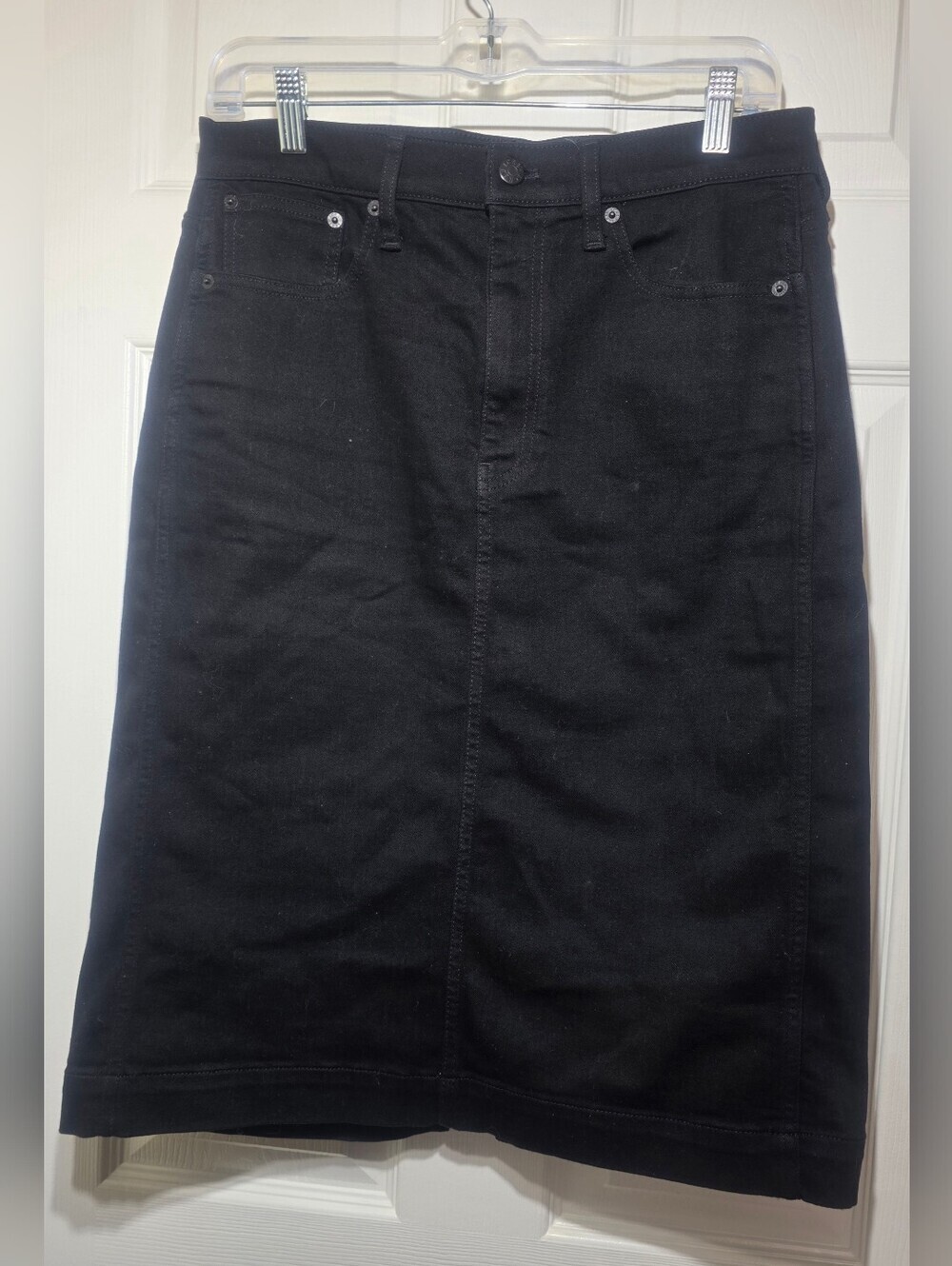 J.Crew Black Denim Pencil Midi Skirt Women Size 8 Classic 5-Pocket Stretch